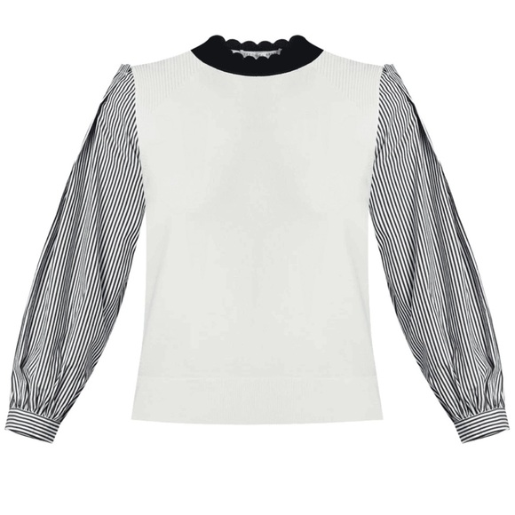 Veronica Beard Roy Mixed Media Pullover Puff Sleeve Ivory Top Medium - Picture 1 of 8